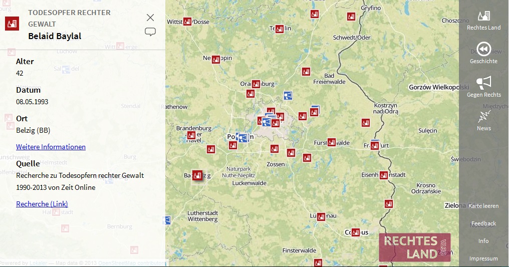 Ein Ausschnitt aus der Karte. Auf "Rechtes Land" sind z.B. die Rechercheergebnisse von Zeit-Online zu den Todesopfer rechter Gewalt gelistet. 